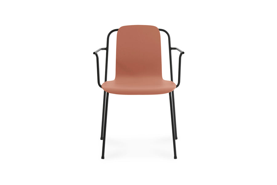 Studio Armchair by Normann Copenhagen, showing front view of studio armchair in brown painted lacquered ash veneer wood shell.