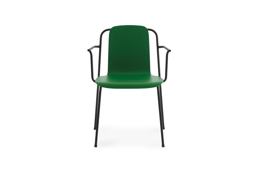 Studio Armchair by Normann Copenhagen, showing front view of studio armchair in green painted lacquered ash veneer wood shell.