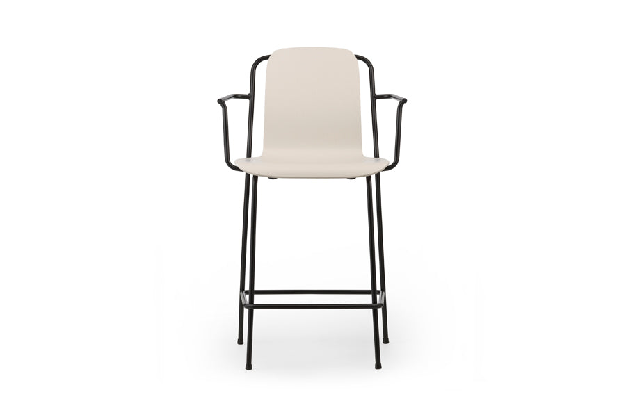 Studio Bar Armchair by Normann Copenhagen, showing front view of studio bar armchair in 41" high/light grey painted lacquered ash veneer wood shell.