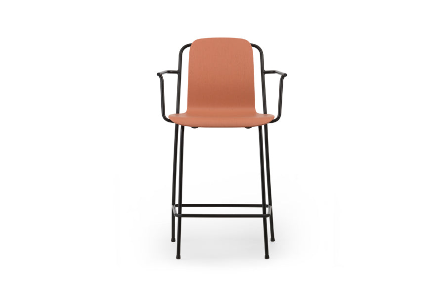 Studio Bar Armchair by Normann Copenhagen, showing front view of studio bar armchair in 41" high/brown painted lacquered ash veneer wood shell.