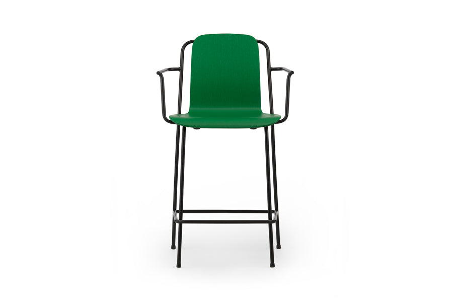 Studio Bar Armchair by Normann Copenhagen, showing front view of studio bar armchair in 41" high/green painted lacquered ash veneer wood shell.