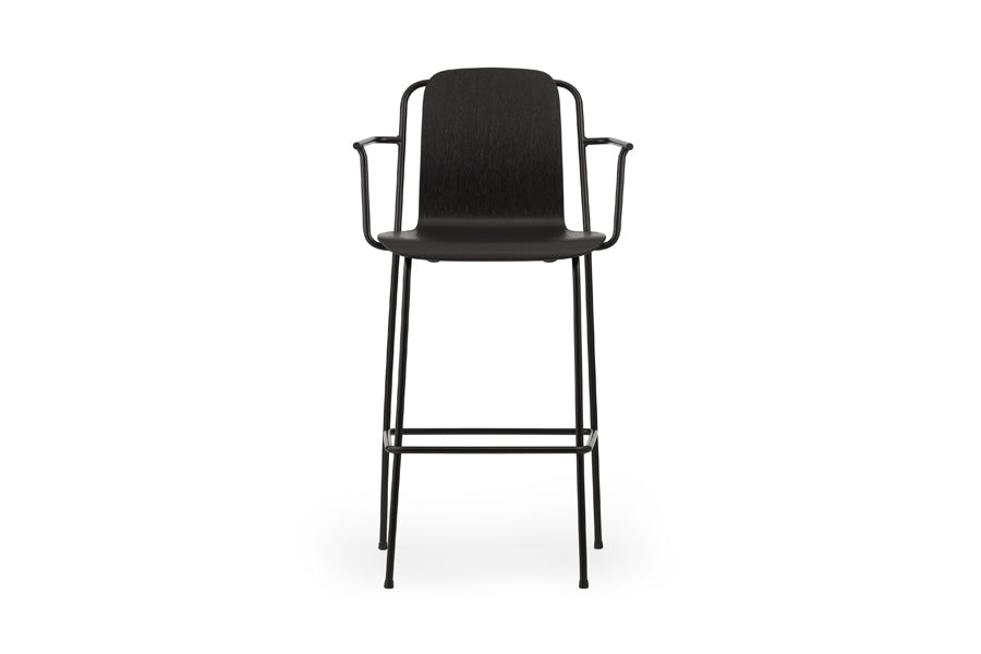 Studio Bar Armchair by Normann Copenhagen, showing front view of studio bar armchair in 41" high/black painted lacquered ash veneer wood shell.