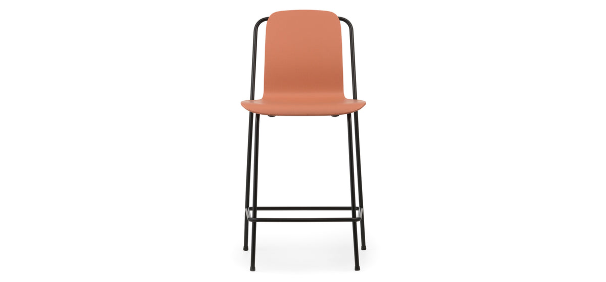 Studio Bar Chair by Normann Copenhagen, showing front view of studio bar chair in 41" high/brown painted lacquered ash veneer wood shell.