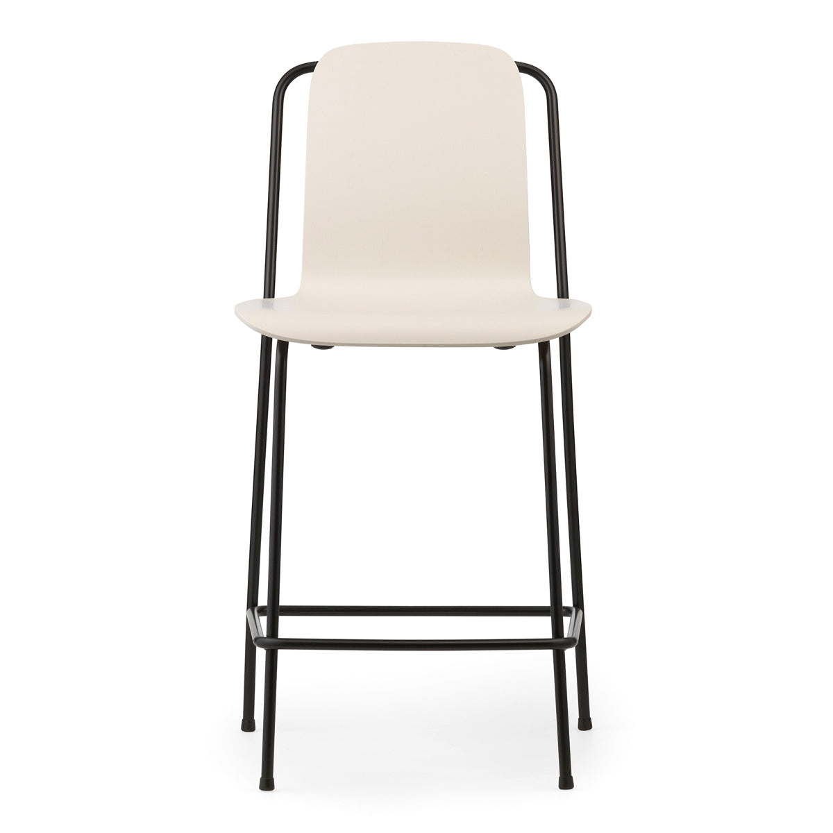 Studio Bar Chair by Normann Copenhagen, showing front view of studio bar chair in 41" high/light grey painted lacquered ash veneer wood shell.