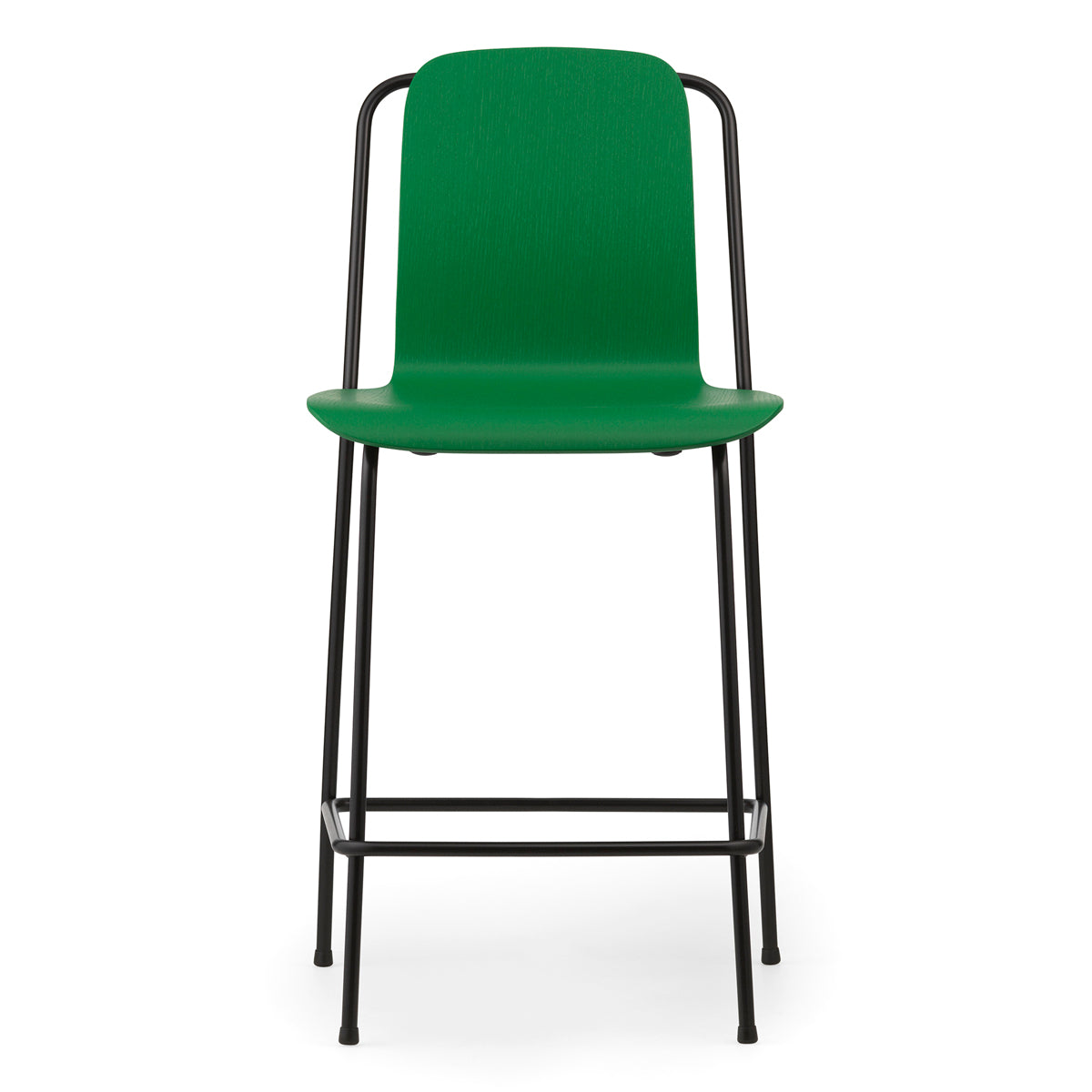 Studio Bar Chair by Normann Copenhagen, showing front view of studio bar chair in 41" high/green painted lacquered ash veneer wood shell.