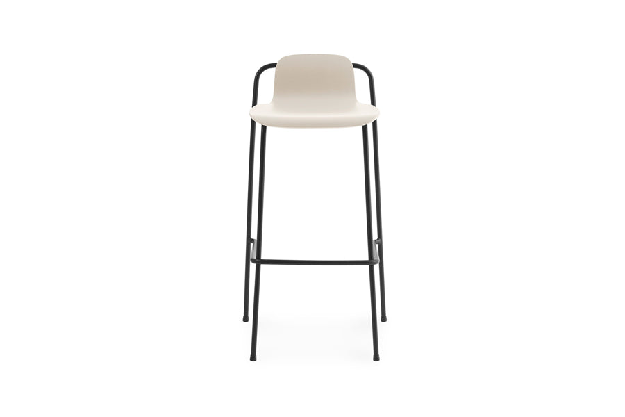 Studio Barstool by Normann Copenhagen, showing front view of studio barstool in 35" high/light grey painted lacquered ash veneer wood shell.
