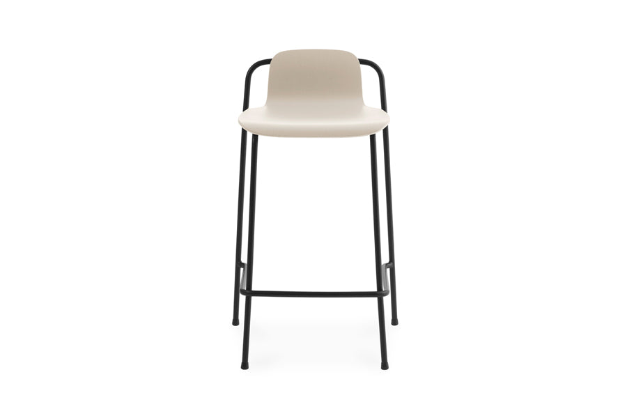 Studio Barstool by Normann Copenhagen, showing front view of studio barstool in 32" high/light grey painted lacquered ash veneer wood shell.