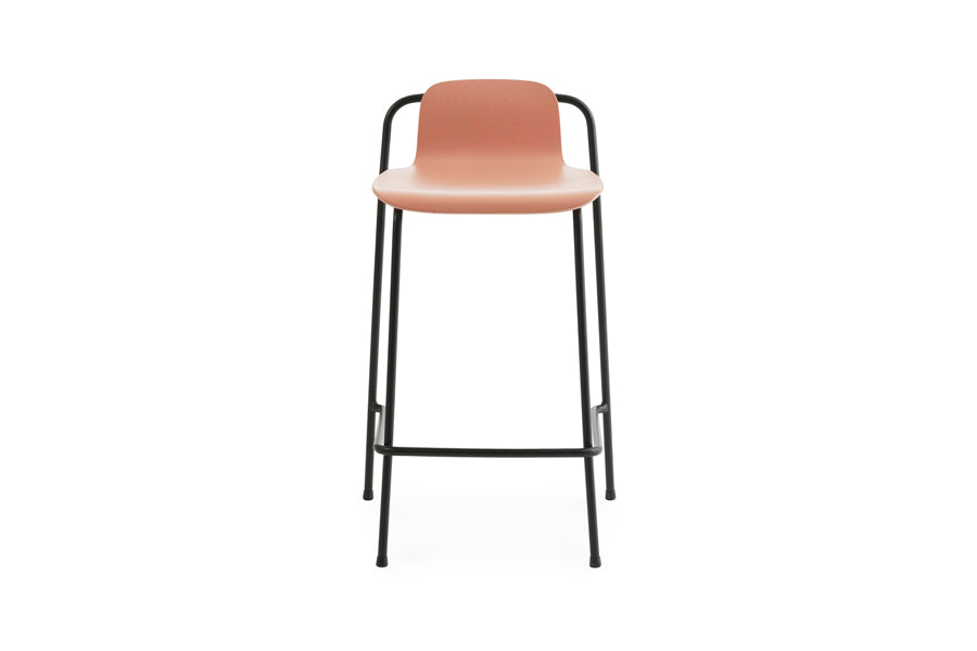Studio Barstool by Normann Copenhagen, showing front view of studio barstool in 32" high/brown painted lacquered ash veneer wood shell.