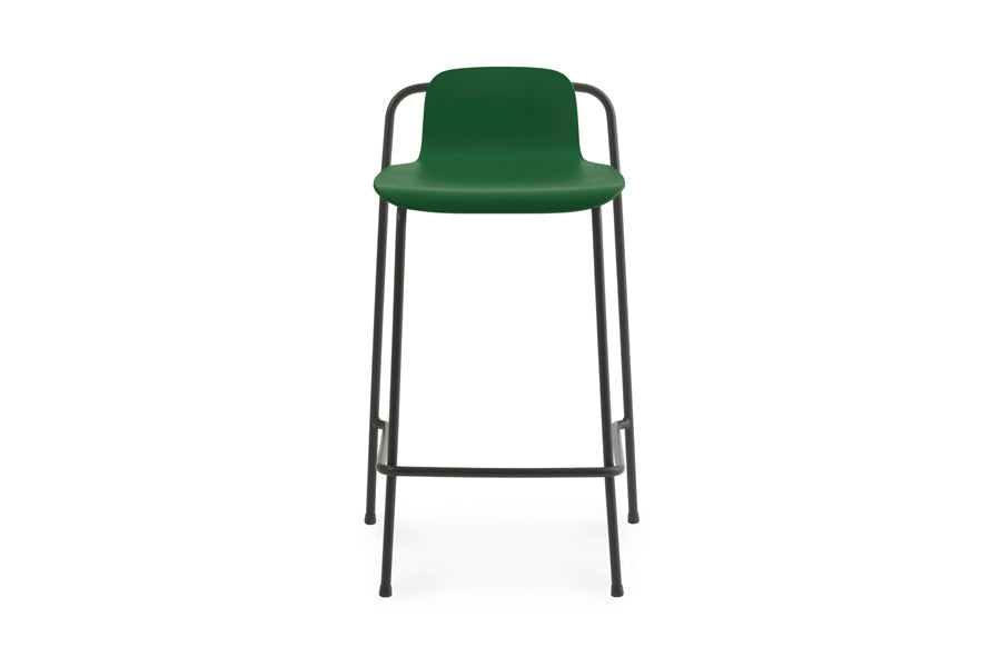 Studio Barstool by Normann Copenhagen, showing front view of studio barstool in 32" high/green painted lacquered ash veneer wood shell.
