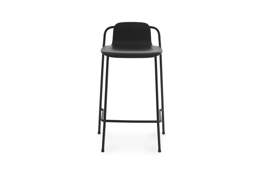 Studio Barstool by Normann Copenhagen, showing front view of studio barstool in 32" high/black painted lacquered ash veneer wood shell.