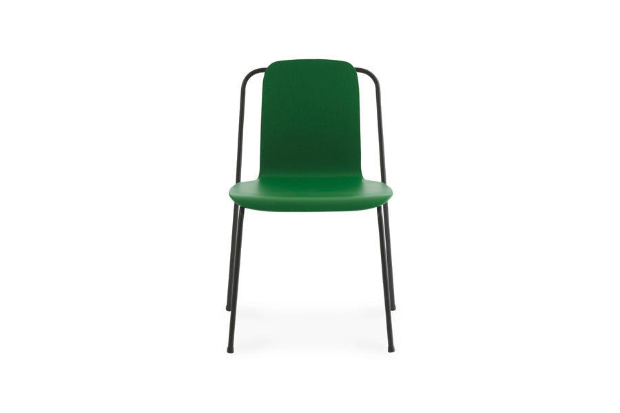 Studio Chair by Normann Copenhagen, showing front view of studio chair in green painted lacquered ash veneer wood shell.