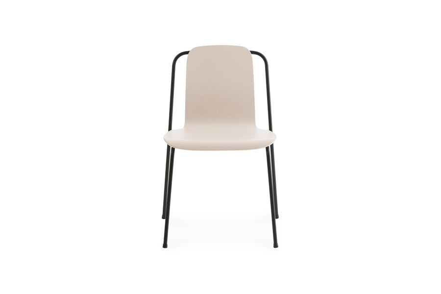 Studio Chair by Normann Copenhagen, showing front view of studio chair in light grey painted lacquered ash veneer wood shell.