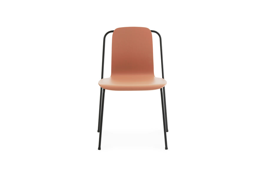 Studio Chair by Normann Copenhagen, showing front view of studio chair in brown painted lacquered ash veneer wood shell.