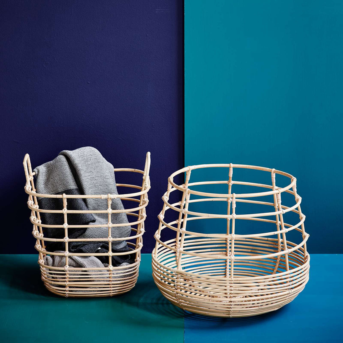 Sweep Rattan Basket by Cane-Line, showing sweep rattan baskets in live shot.