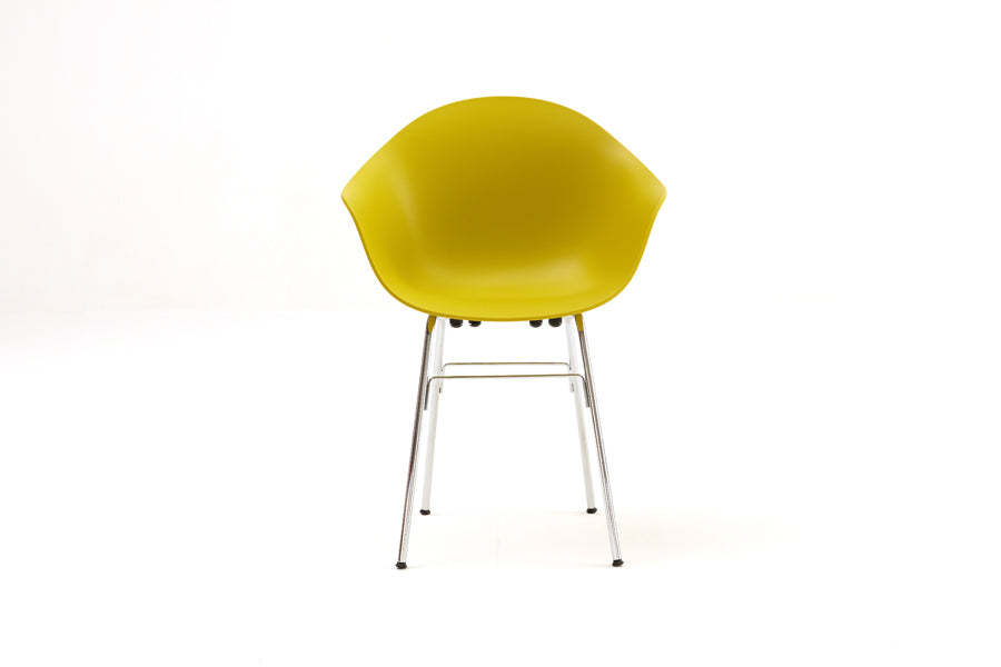 TA Arm Chair Er Chrome Base by Toou, showing front view of ta arm chair er chrome base in mustard seat/no seat pad.