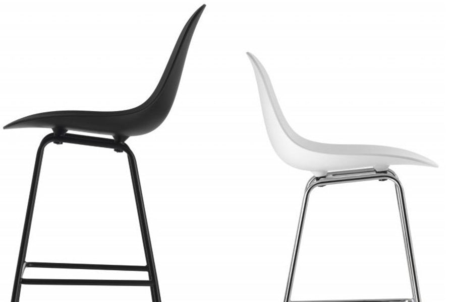 TA Counter Stool Chrome Base by Toou, showing side view of ta counter stools chrome base in black(black base) & white(chrome base) seats.