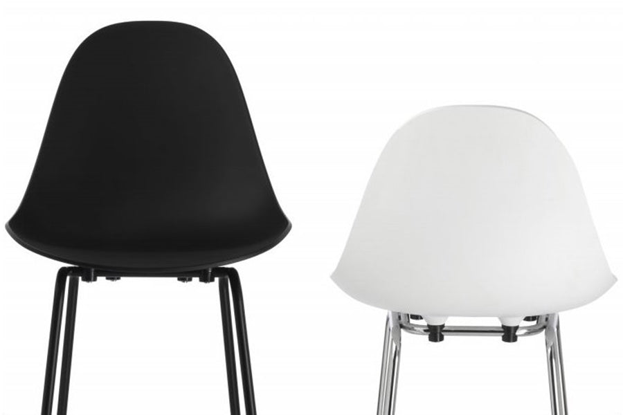 TA Counter Stool Chrome Base by Toou, showing front/back view of ta counter stools chrome base in black(black base) & white(chrome base) seats.