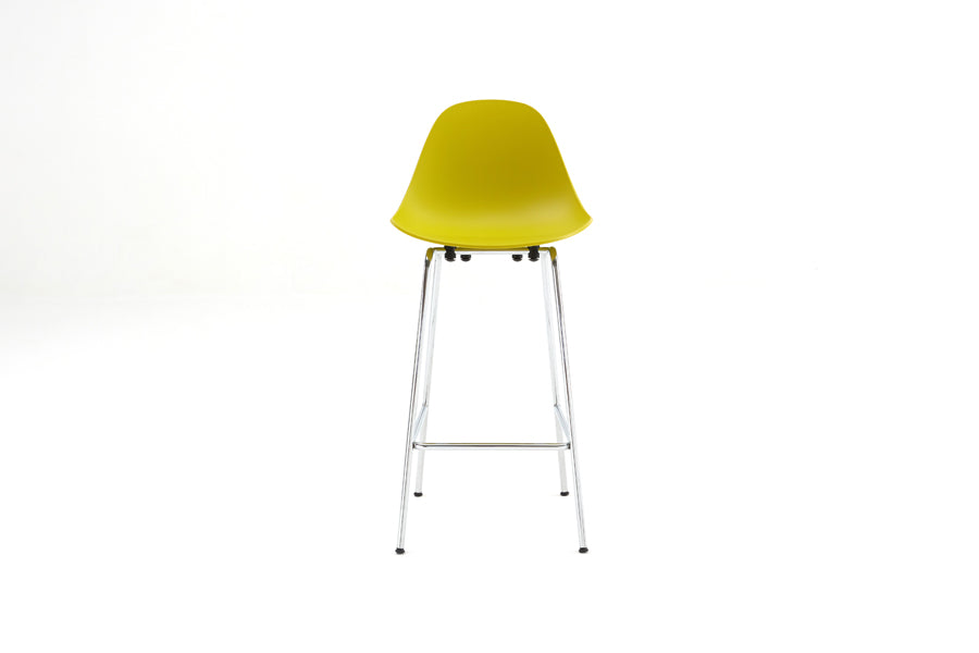 TA Counter Stool Chrome Base by Toou, showing front view of ta counter stool chrome base in mustard seat/no seat pad.
