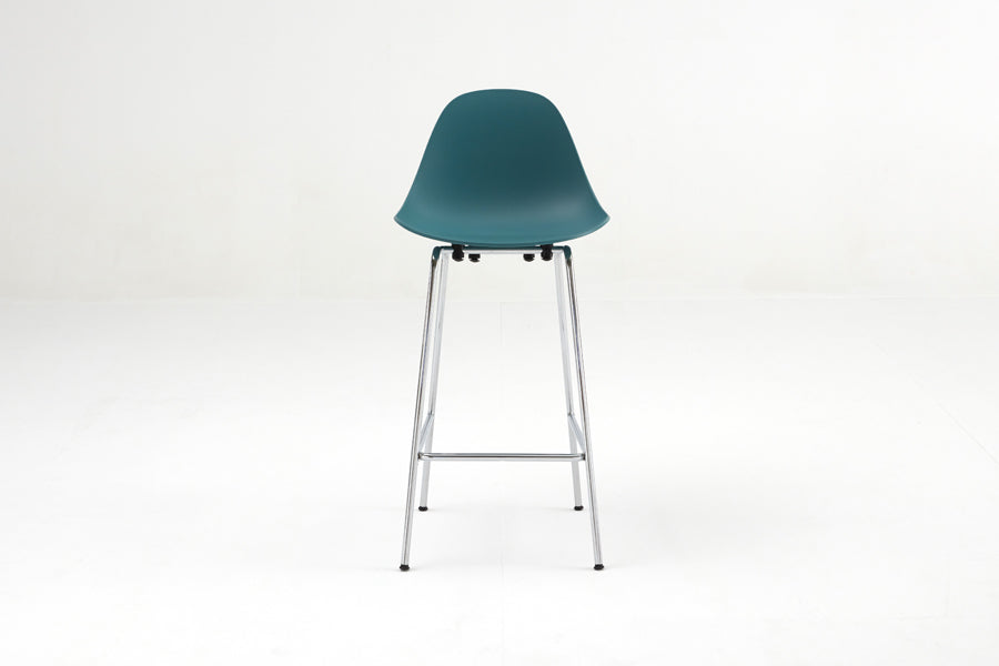 TA Counter Stool Chrome Base by Toou, showing front view of ta counter stool chrome base in ocean blue seat/no seat pad.