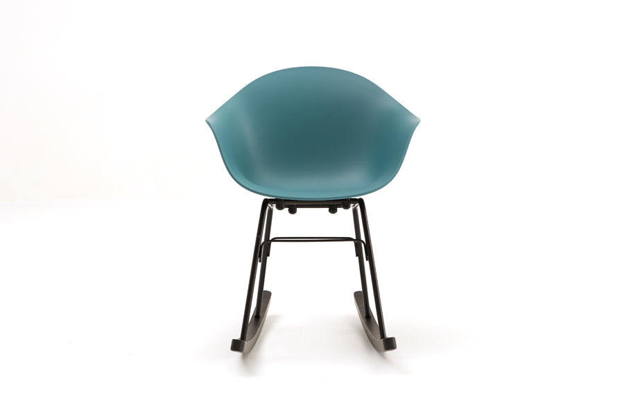 TA Rocking Chair Black Metal & Wood Base by Toou, showing front view of ta rocking chair black metal & wood base in ocean blue seat/no seat pad.