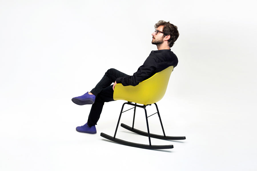 TA Rocking Chair Black Metal & Wood Base by Toou, showing back view of ta rocking chair black metal & wood base in mustard seat/no seat pad.