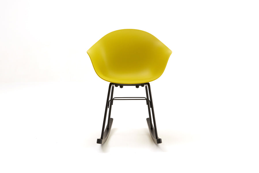 TA Rocking Chair Black Metal & Wood Base by Toou, showing front view of ta rocking chair black metal & wood base in mustard seat/no seat pad.
