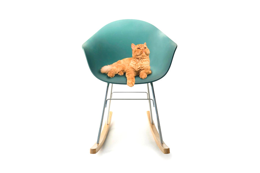 TA Rocking Chair Chrome & Natural Base by Toou, showing front view of ta rocking chair chrome & natural base in ocean blue seat/no seat pad.