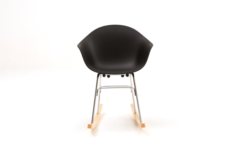 TA Rocking Chair Chrome & Natural Base by Toou, showing front view of ta rocking chair chrome & natural base in black seat/no seat pad.