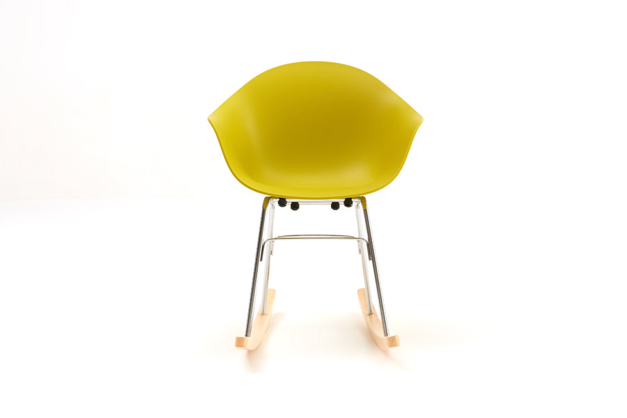 TA Rocking Chair Chrome & Natural Base by Toou, showing front view of ta rocking chair chrome & natural base in mustard seat/no seat pad.