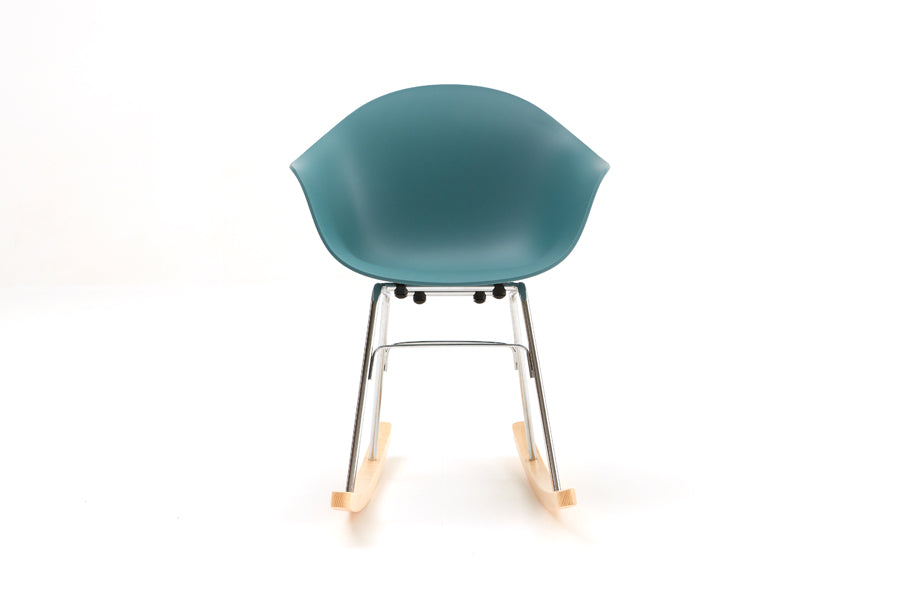 TA Rocking Chair Chrome & Natural Base by Toou, showing front view of ta rocking chair chrome & natural base in ocean blue seat/no seat pad.