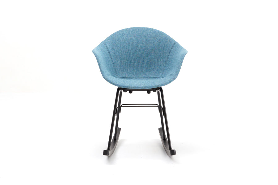 TA Upholstered Rocking Chair by Toou, showing front view of ta upholstered rocking chair in black/black oak base/ocean blue shell seat.