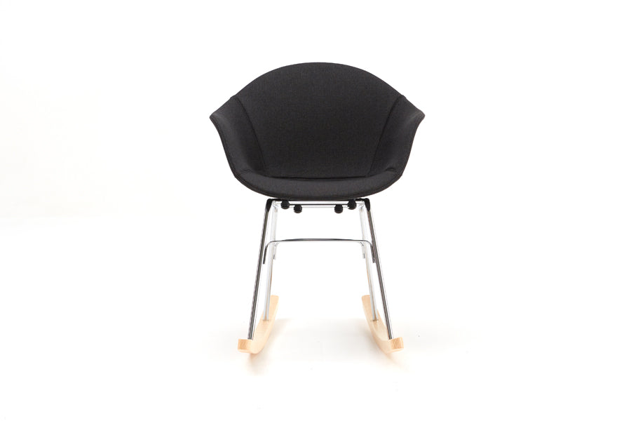 TA Upholstered Rocking Chair by Toou, showing front view of ta upholstered rocking chair in chrome/natural oak base/black shell seat.