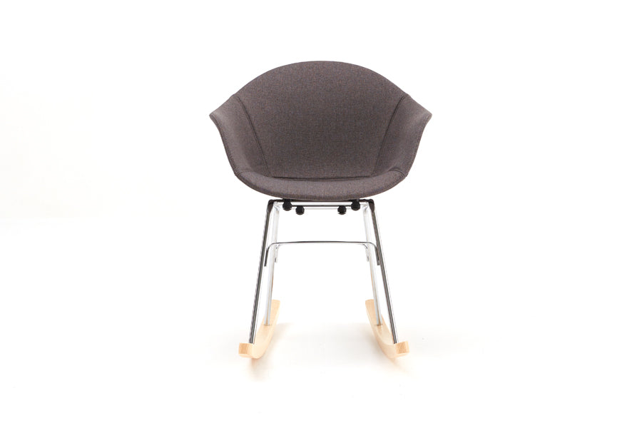 TA Upholstered Rocking Chair by Toou, showing front view of ta upholstered rocking chair in chrome/natural oak base/dark grey shell seat.