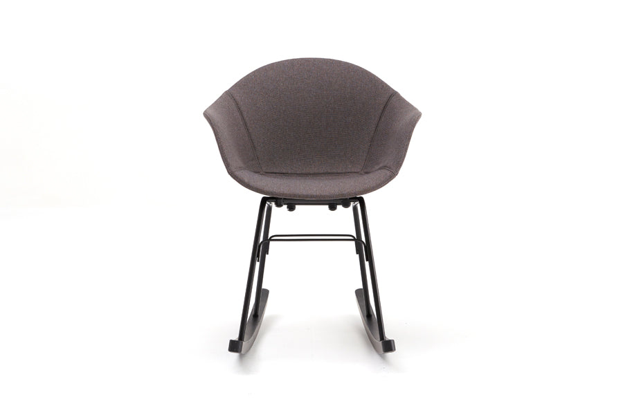 TA Upholstered Rocking Chair by Toou, showing front view of ta upholstered rocking chair in black/black oak base/dark grey shell seat.