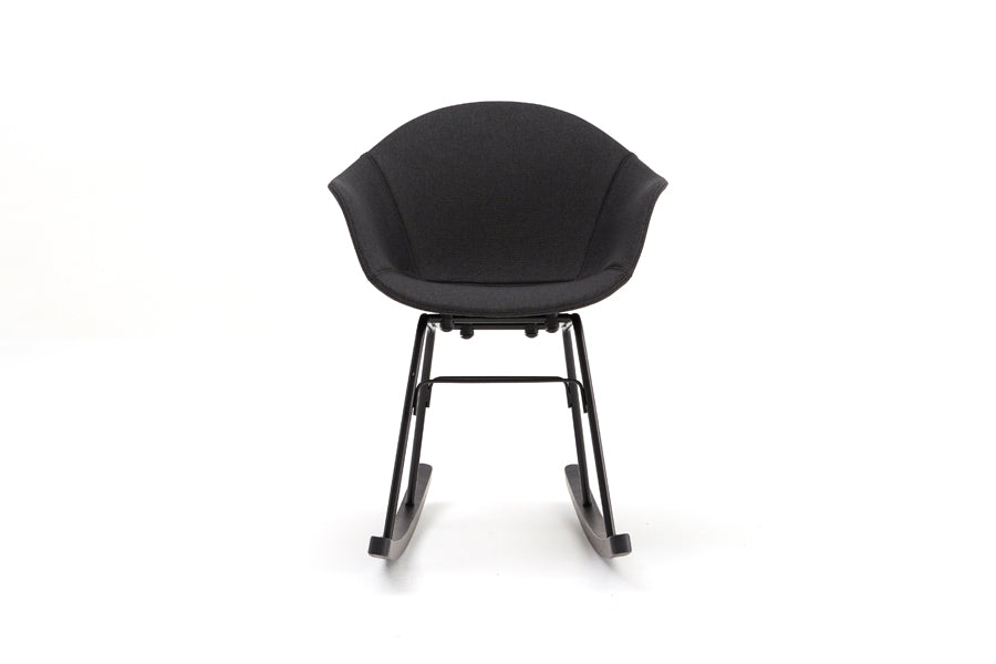 TA Upholstered Rocking Chair by Toou, showing front view of ta upholstered rocking chair in black/black oak base/black shell seat.