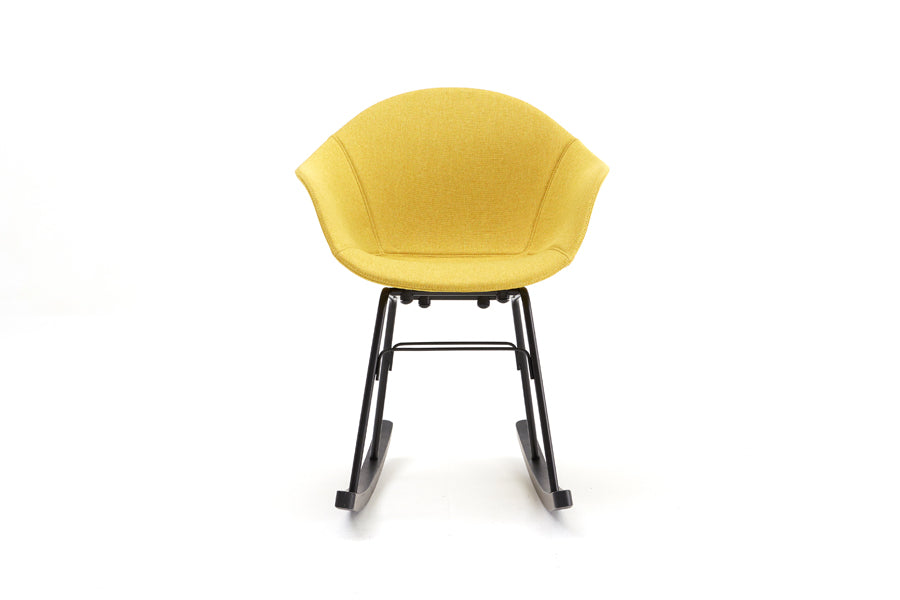 TA Upholstered Rocking Chair by Toou, showing front view of ta upholstered rocking chair in black/black oak base/mustard shell seat.