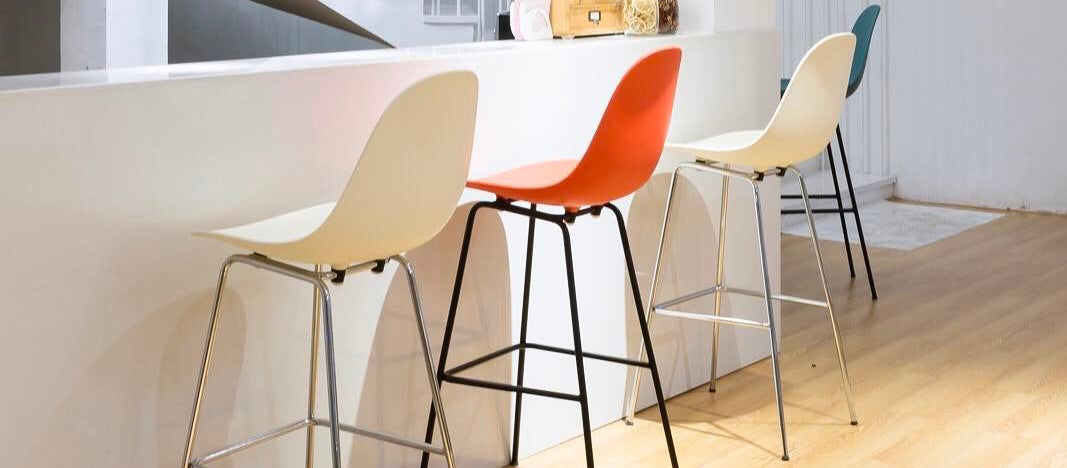 TA XL Bar Stool Chrome Base by Toou, showing ta xl bar stools chrome base in live shot.