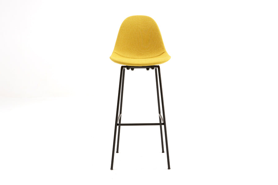 TA XL Upholstered Stool by Toou, showing front view of ta xl upholstered stool in mustard seat+black base.