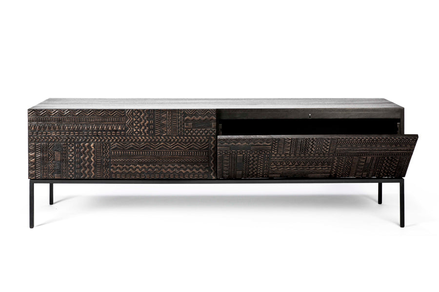 Tabwa TV Cupboard by Ethnicraft, showing front view (open door) of tv cupboard.