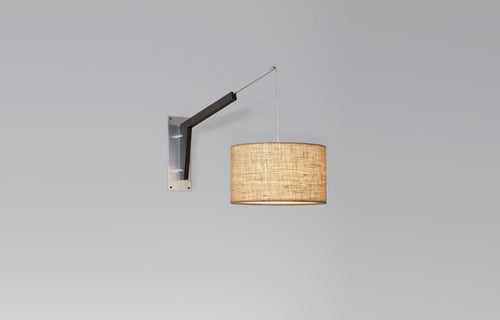 Talea Sconce by Cerno - Brushed Aluminum Metal, Dark Stained Walnut Wood, Burlap Shade.