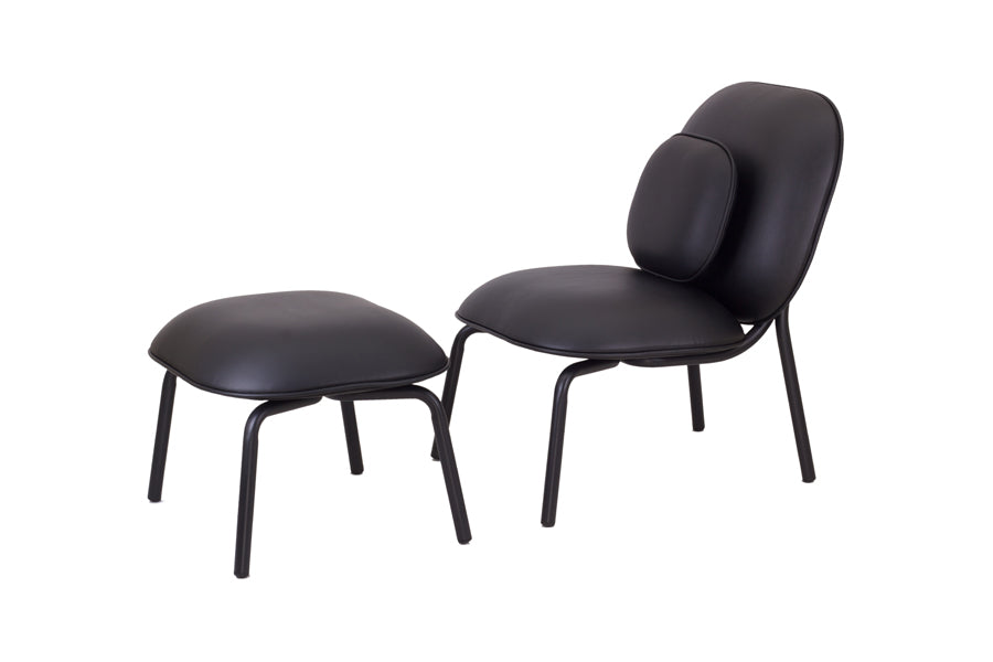 Tasca Lounge Chair w/ Pillow by Toou, showing tasca lounge chair w/ pillow & footstool in black eco leather.