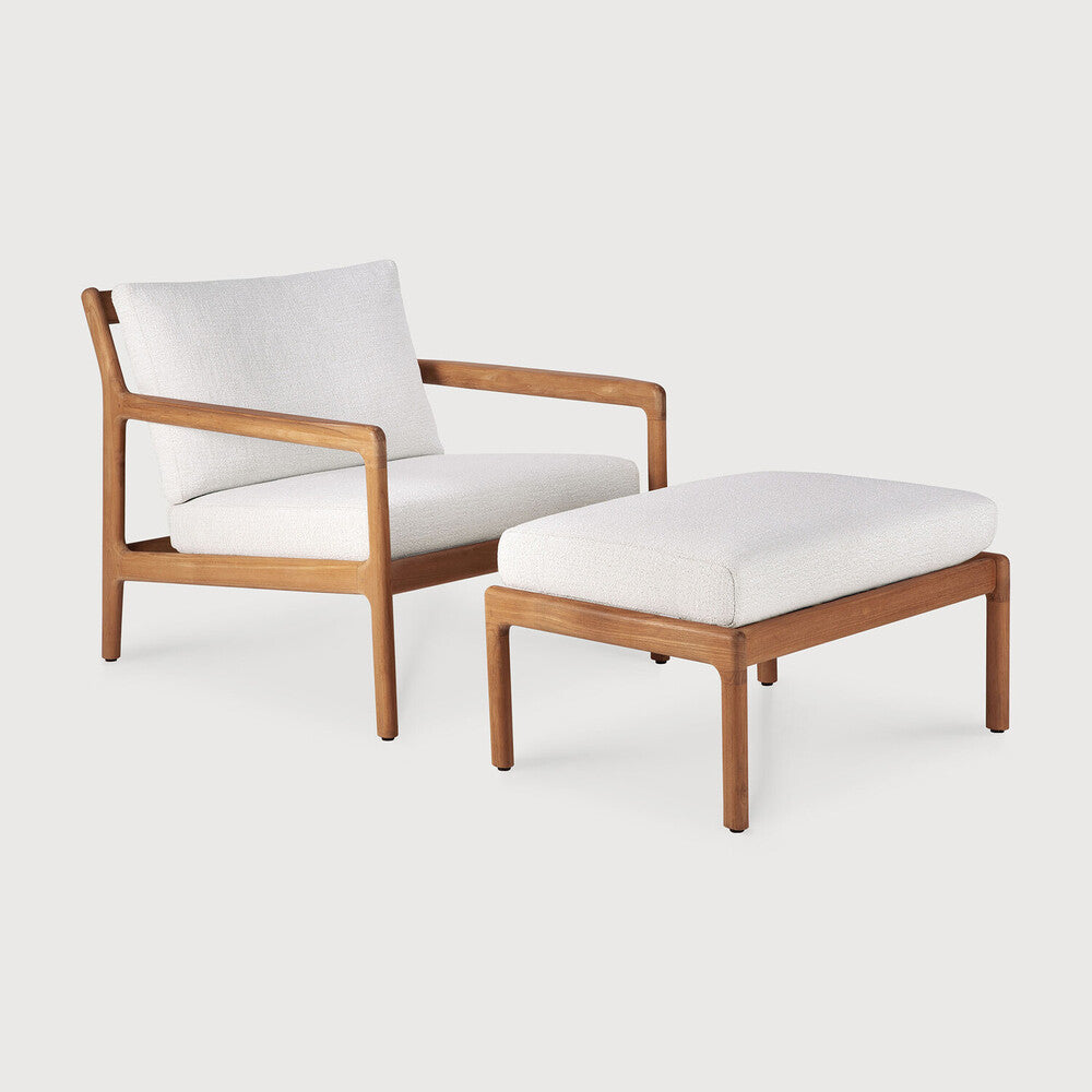 Jack Outdoor Footstool by Ethnicraft, showing front view of footstool with chair..