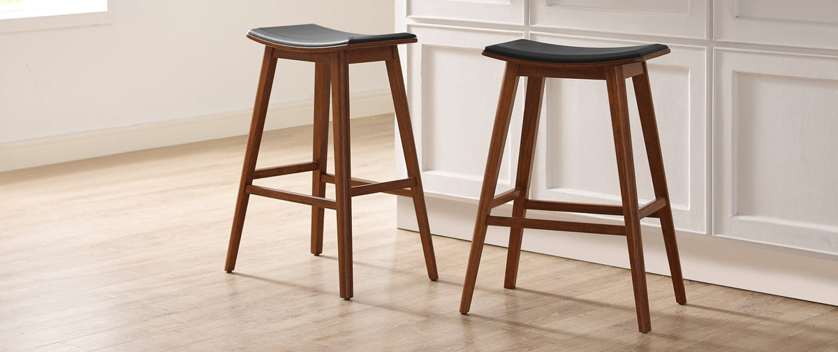 Terra Counter Stool by Greenington, showing two terra counter stools in live shot.