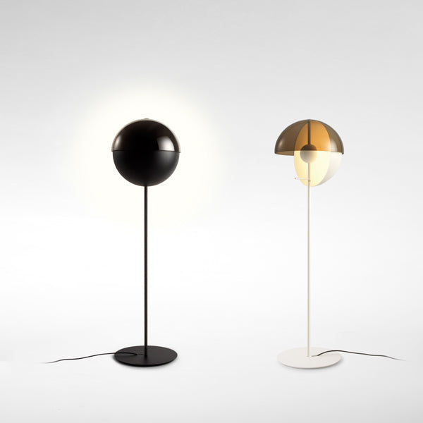 Theia Floor Lamp by Marset, showing back view & angle view of white & black floor lamp respectively.