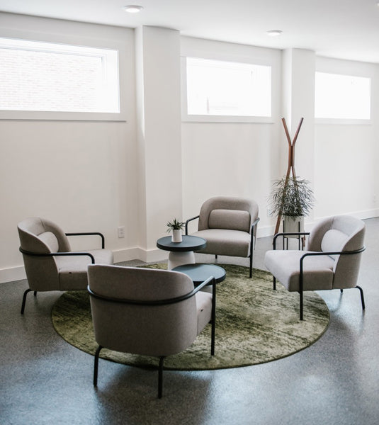 Thick Top Side Table by Toou, showing thick top side tables with chairs in live shot.