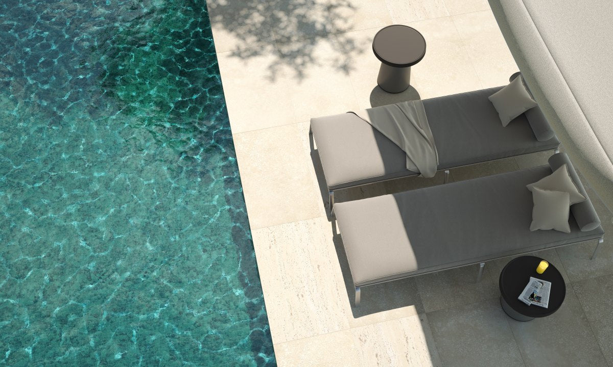 Thick Top Side Table by Toou, showing thick top side table with sunloungers in live shot.