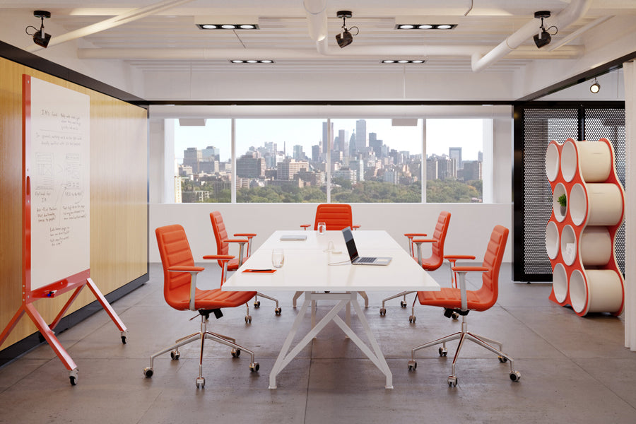 Think Tank Conference Table by Scale 1:1, showing think tank conference table with chairs in live shot.