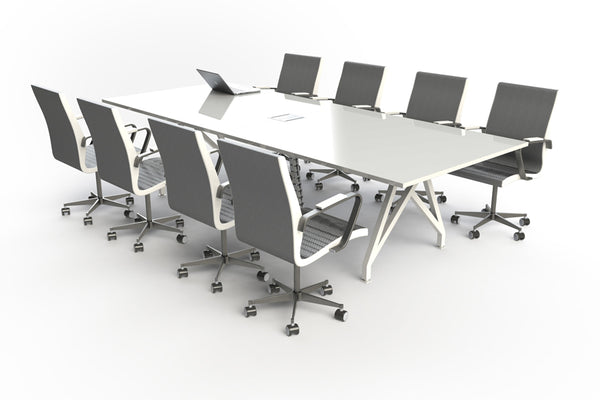 Think Tank Conference Table by Scale 1:1, showing angle view of 10FT think tank conference table in white matte/white with chairs.