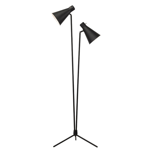 Thom Floor Light by Nuevo, showing side view of thom floor light in matte black steel shade/matte black base.