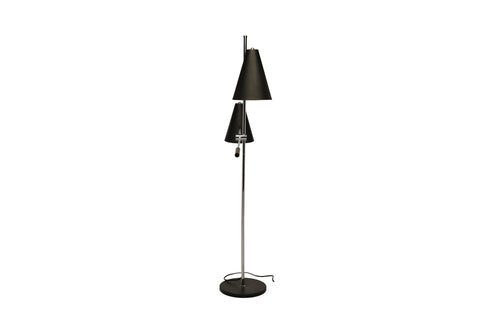 Tivat Floor Light by Nuevo, showing front view of tivat floor light in double/matte black steel shade.